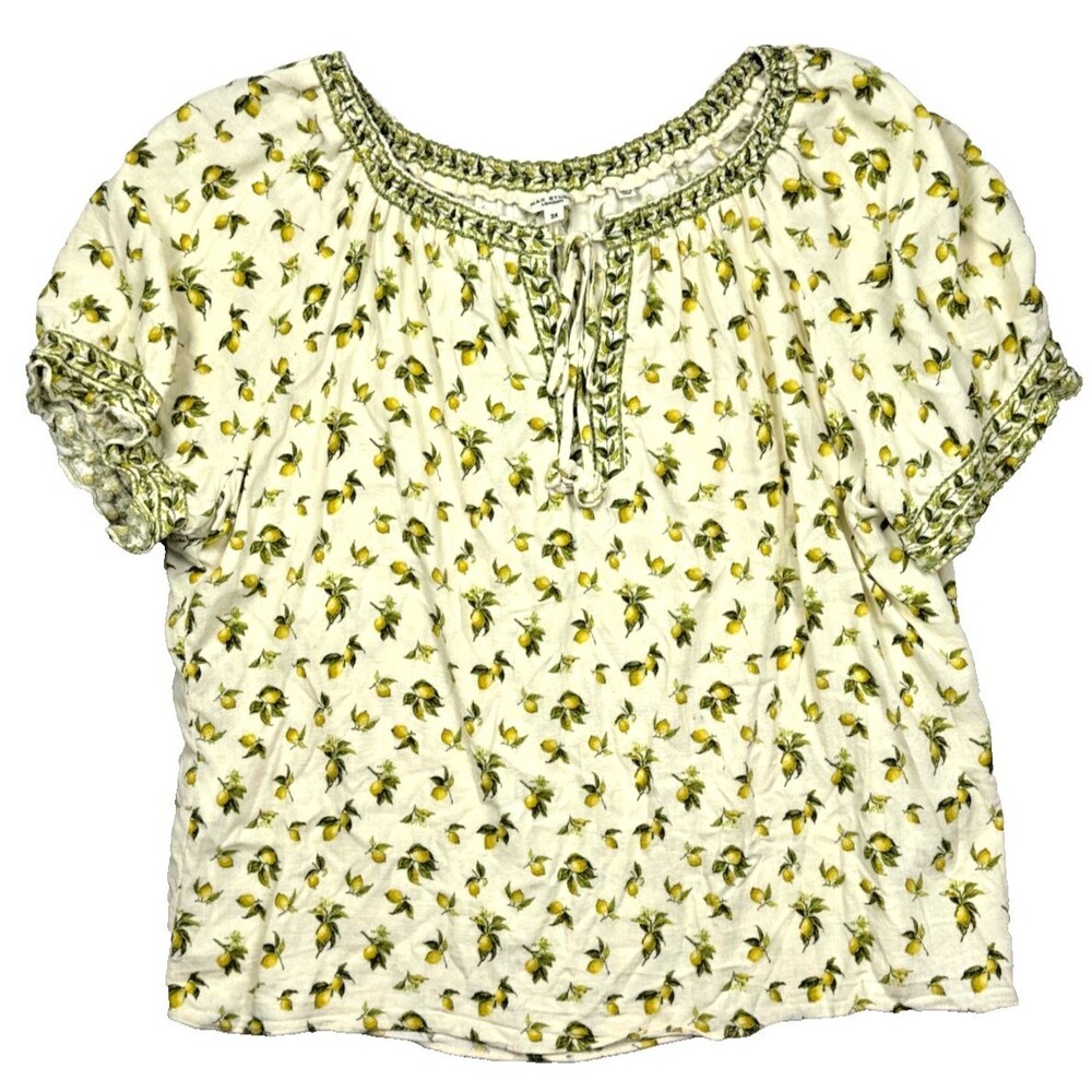 Max Studio Peasant Top Botanical Cream Citrus Lemons Stretch Boho Blouse Plus 3X